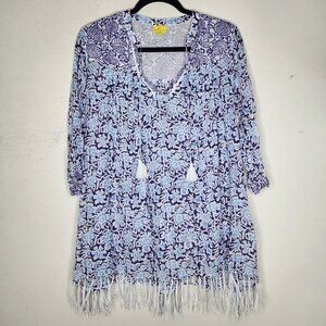 Roberta Roller Rabbit 100% Cotton Blue Floral Fringe Tunic Coverup, sz XS